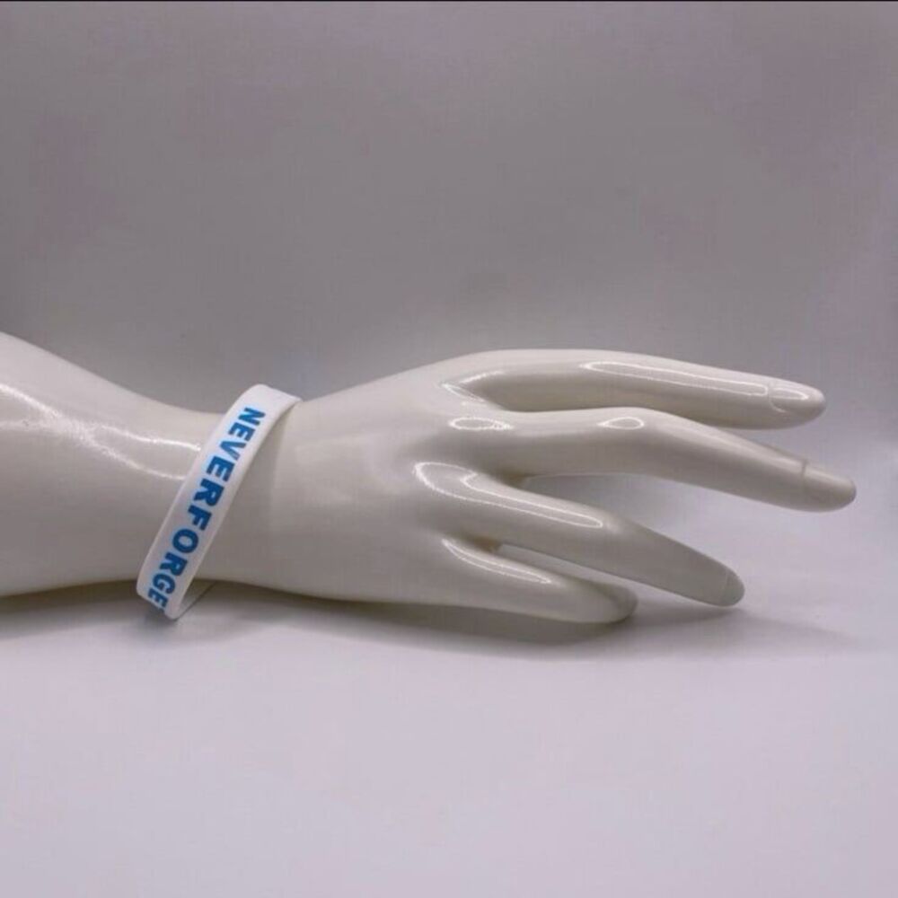 Never Forget September 11 Memorial White & Blue Rubber Bracelet